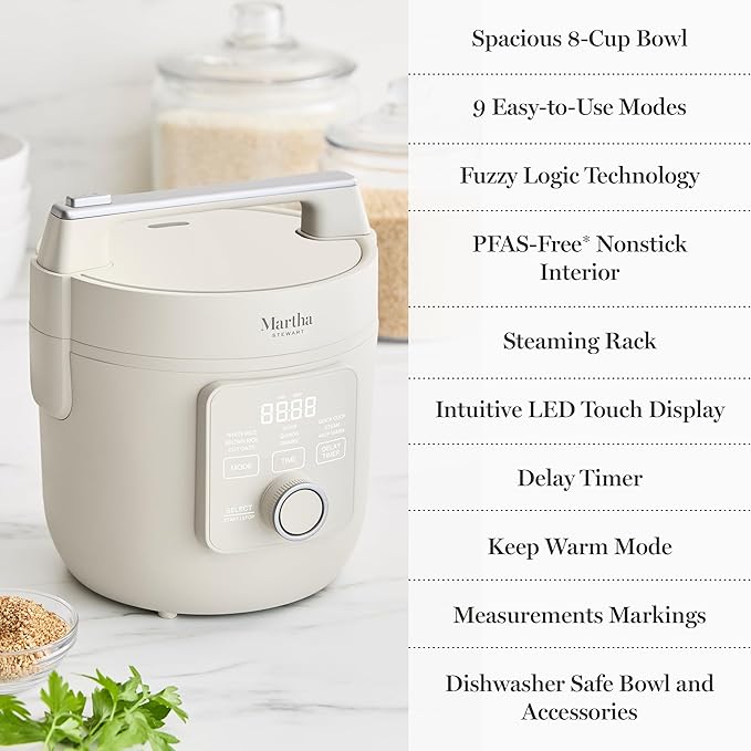 Martha Stewart Rice Cooker, 4 Cup (Uncooked) / 8 Cup (Cooked), Ceramic Non-Stick Removable Pot, Keep Warm, Measure Markings, Steam Basket, Brown & Sushi Rice, Quick Cook, Quinoa, Grains, Oats, Linen White