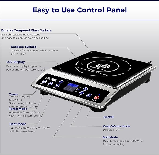 OSTBA 1800W Portable Induction Cooktop, Large Heating Coil Countertop Induction Burner, 10 Power Levels & 120–460°F Temperature Control, 3H Timer, Keep Warm, ETL Certified