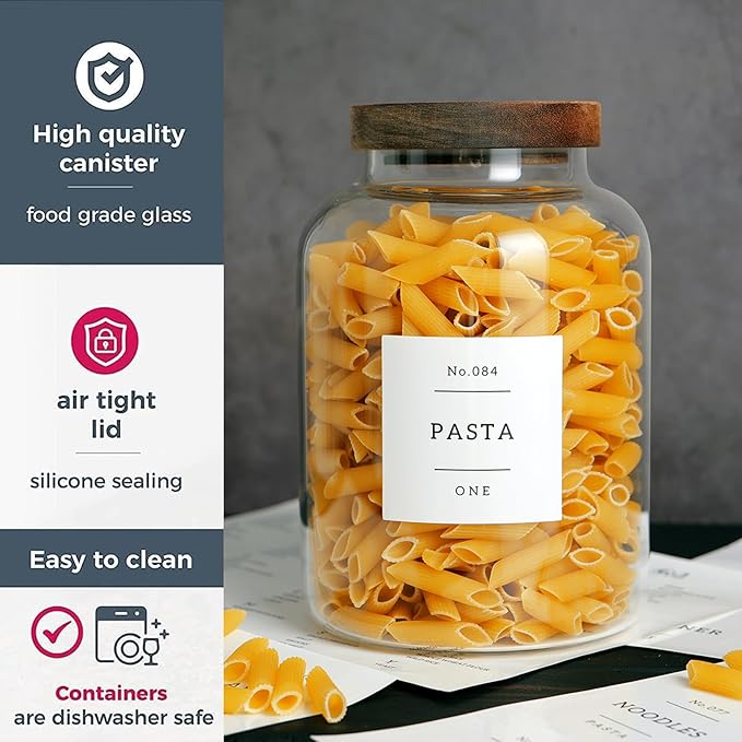 CZHQSMZ Set Of 2 Large Glass Jar with Wooden Lid with 132 Labels, Glass Storage Jars for Flour Pasta Candy Coffee Cookie and More(70 FL OZ/2000 ml)