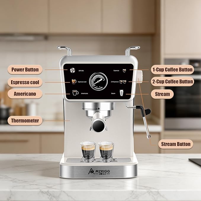 20 Bar Semi-Automatic Espresso Machine, 1350W Fast Heating, 1.5L Removable Water Tank, Milk Frother Steam Wand, Cup Warmer, White, for Home/Office, Coffee Beginners & Baristas