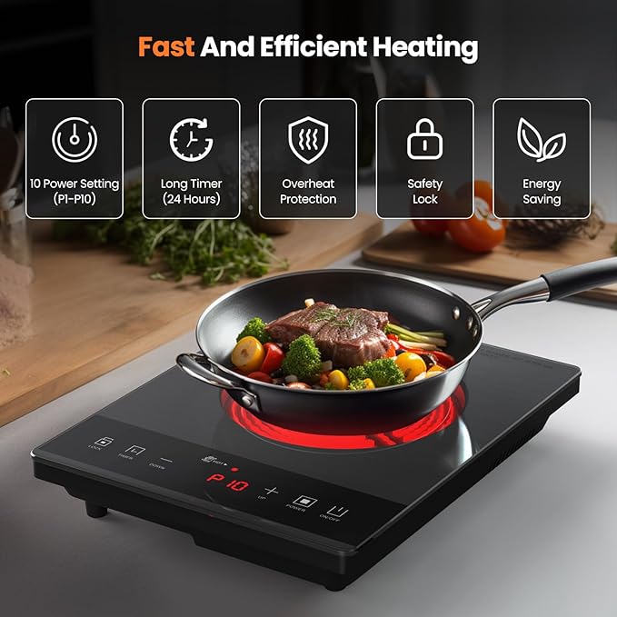 Electric Hot Plate,Nuopuplai Single Countertop Burner Portable Ceramic Cooktop For Cooking Ultra-thin Electric Stove Infrared Cooker,24-Hour Timer Child Safety Lock,Compatible With All Cookware 1800W
