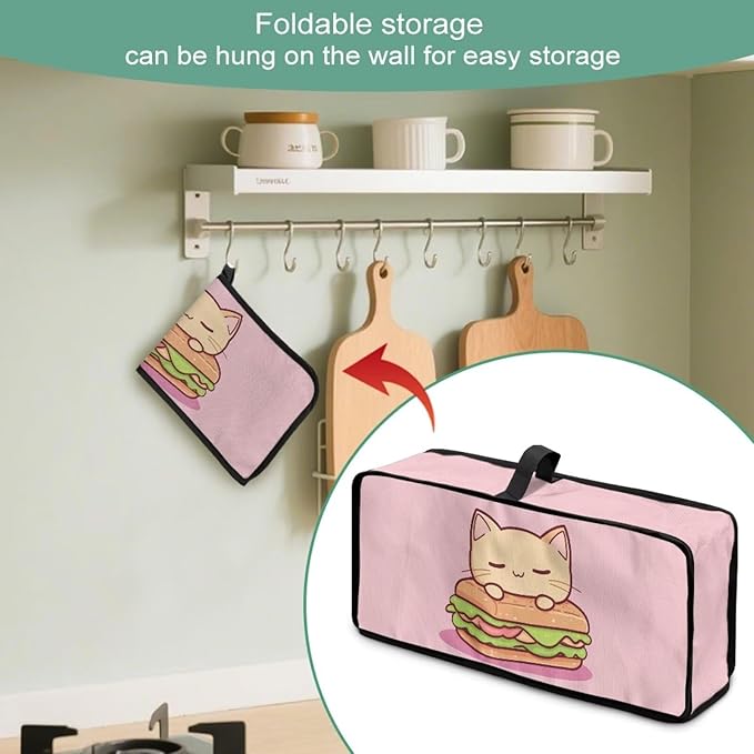 Cute Hamburger Toaster Cover 2 Slice Long Slot 2 Slice Slim Toaster Cover Water-Resistant Folding Small Appliance Covers for Kitchen, Easy to Fold and Store (Pink Cat)