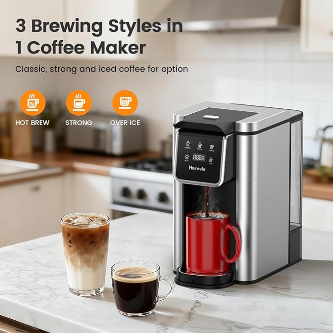 Horavie Single Serve Coffee Maker for K-Cups & Grounds, Hot & Iced Coffee Maker, Strong Button Feature, 6 to 14oz Brew Sizes, 50oz Removable Reservoir, Fit 6.5" Mugs, Stainless Steel, Black