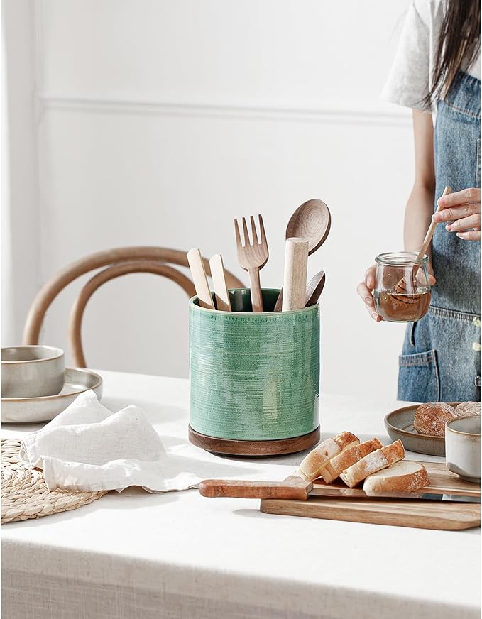 Utensil Holder, 360° Rotating Extra Large Ceramic Kitchen Utensil Holder for Countertop, 7.3“ Cooking Utensil Crocks for Kitchen Counter with Rotatable Wooden Base, Farmhouse Decor, Forest Green