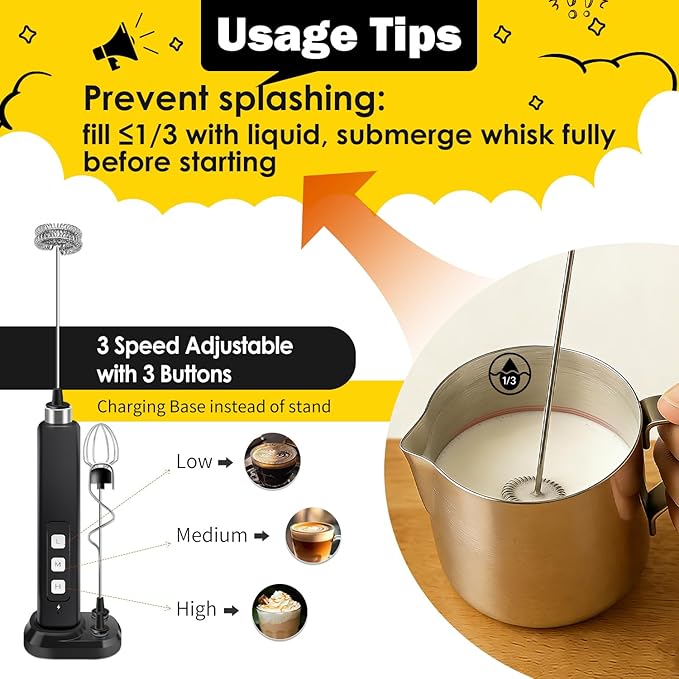 Rechargeable Milk Frother Handheld with 3 Detachable Stainless Whisks, 3 Speed Adjustable Drink Mixer, Mini Frother Wand for Coffee, Matcha, Protein Shakes, with Charging Base and Whisk Storage