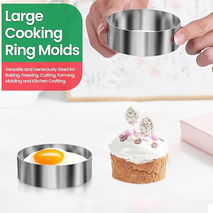 NOSSIDO 8-Piece 304 Stainless Steel Burger Bun Ring Mold Set - 4.5" & 4.4" Diameter - Perfect for Buns, Eggs, Pancakes, Mini Quiches, Desserts, and More | Durable, Versatile, and Ideal for Professional & Home Kitchens