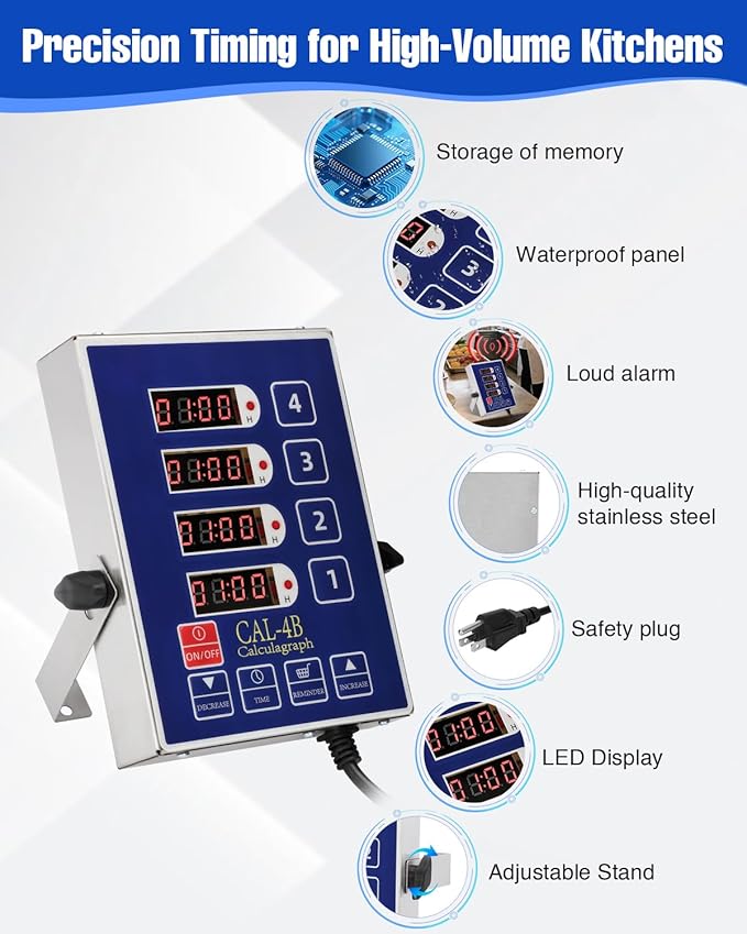 Commercial Kitchen Timers for Cooking, 4-Channel Timer for Commercial Kitchens, Heavy-Duty Loud Alarm Timer for Restaurants, Stainless Steel, LED Technology