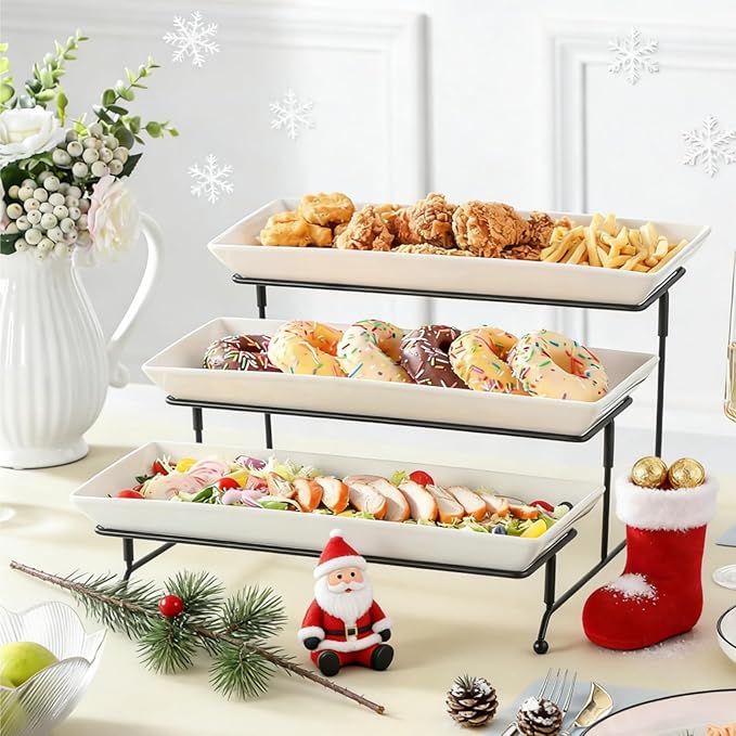 MALACASA 3 Tier Serving Tray, Porcelain Tiered Cupcake Stand, Ceramic Elevated Serving Platter with Collapsible Sturdier Rack,Series PLAT (White, 14 Inch)