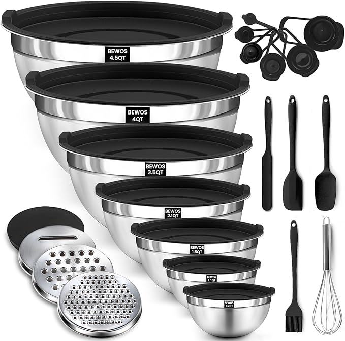 BEWOS 21 Pcs Mixing Bowls with Airtight Lids - 7 Stainless Steel Bowls, 3 Graters, 11 Practical Kitchen Accessories, Dishwasher Safe, Ideal for Baking, Meal Prep & On-the-Go, Easy to Store