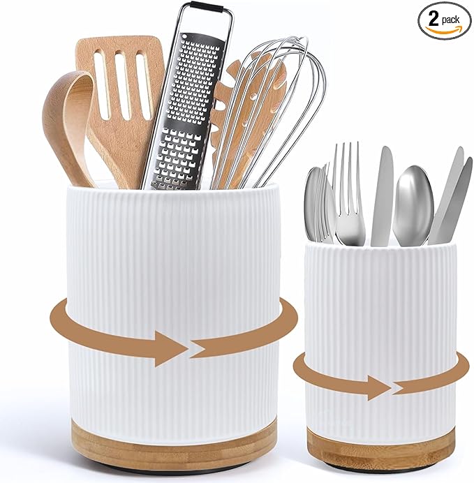 2 Pack Ceramic Utensil Holder, 7.3"+5.4" Large kitchen utensils holder for Countertop, 360° Rotating Cooking Utensil Crock for Kitchen Counter with Detachable Wooden Base, Kitchen Décor