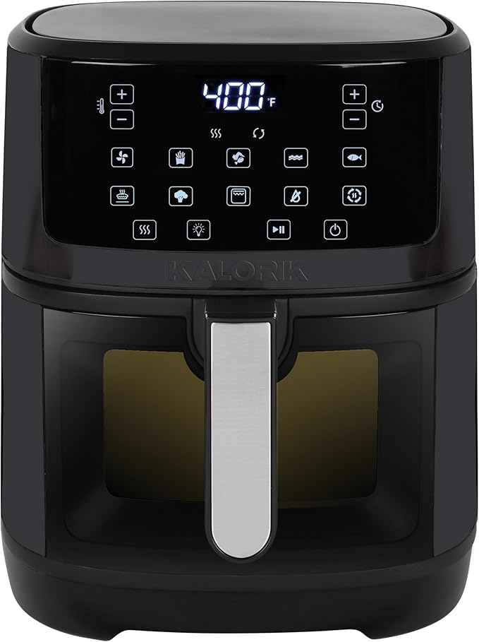 Kalorik Air Fryer 7 Quart Capacity with Touchscreen Controls 10 Cooking Presets in 12 Food Categories with Large Illuminated View Window and Nonstick Basket & Trivet, 1500-Watts, Black