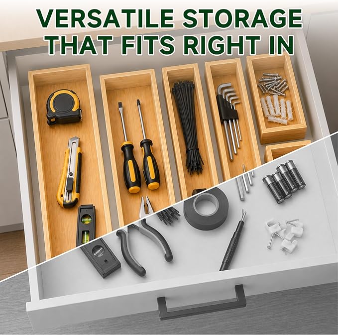Bamboo Kitchen Drawer Organizer for Utensils, Set of 6 Stackable Silverware Tray for Drawer, Multi-Use Storage Bamboo Trays for Utensil Holde, Office, Makeup, Jewelry, Bathroom
