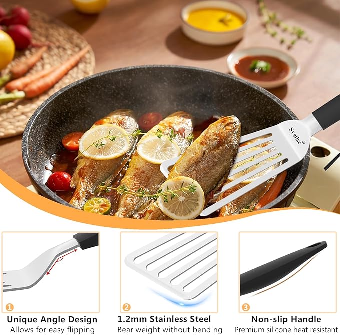 Stainless Steel Fish Spatula, 11.3 inch Metal Spatulas for Cast Iron Skillet, Kitchen Turner with Silicone Handle for Cooking, Grilling, Flipping, Egg, Cookie, Pancake and Burger (Small)