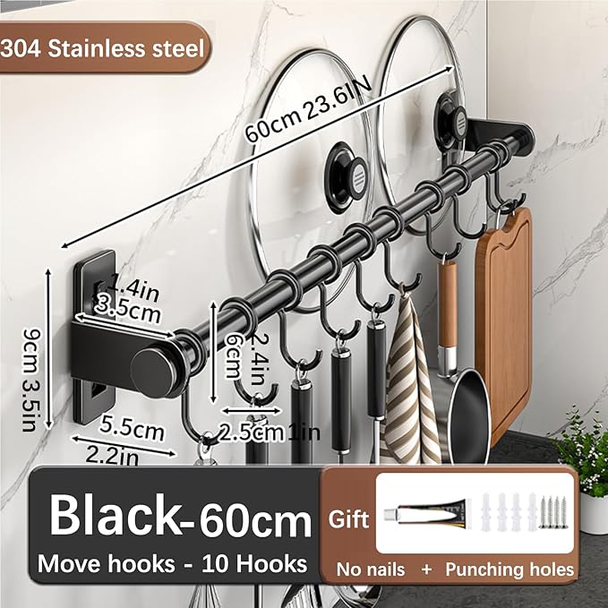 Hanging Wall Mount knife Wall Mount, Kitchen Organizer Storage Shelf for Utensils Spatula Spoon, Space-Saving Knife Rack with Hooks,Wall-Mounted Utensil Holder (Black, 60CM+Single Pole+10Hooks)
