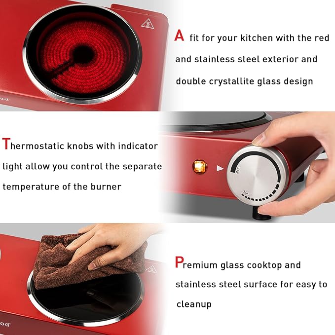 Hot Plate, Techwood Single Burner for Cooking, 1200W Portable Infrared Ceramic Electric Stove with Adjustable Temperature, 7.1” Cooktop for Home/RV/Camp, Compatible for All Cookwares, Red