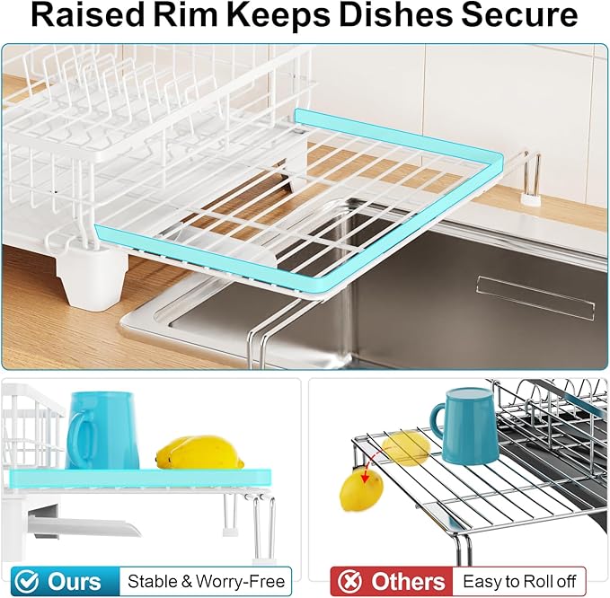 GSlife Expandable Dish Drying Rack for Kitchen Counter, Large Capacity 2-in-1 Rust Resistant Dish Drainer with Swivel Spout and Pull Out Over Sink Extension, 16.7" W x 12.6"-22.4" L, White