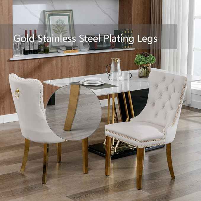 Beige Velvet Dining Chairs Set of 6, Upholstered Dining Room Chairs with Back Ring Pull Trim and Golden Stainless Steel Legs,Modern Kitchen Chairs for Dining Room,Living Room,Kitchen(Beige)