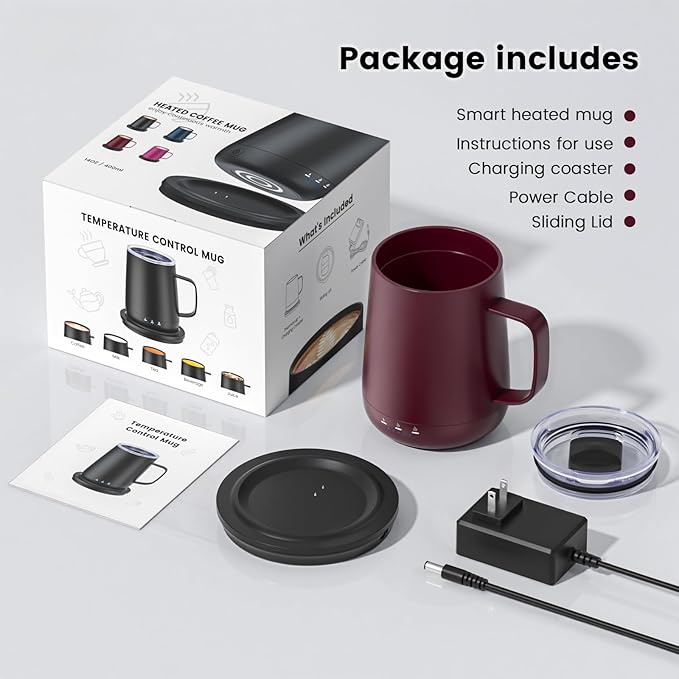 Smart Self Heating Coffee Mug,14oz Temperature Control Coffee Mug,Hot up to 150°F,Rechargeable Heated Coffee Mug,Up to 6H Battery Life,Coffee Cup Warmer,Great Gift for Coffee Lovers,Dad,Mom (Claret)