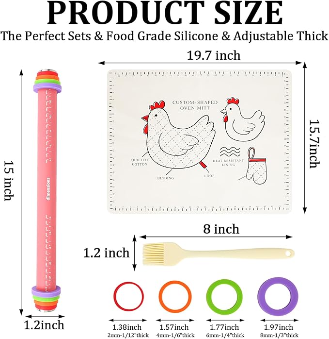 3Pcs Adjustable Rolling Pin Sets with Thickness Rings for Baking,Pastry Dough Roller with Silicone Mat and Brush,Non Stick Silicone Rolling Pin for Dough Cookie Baking Supplies Kitchen Accessories