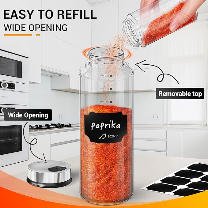 Segarty 15oz Spice Jar with Accessories, 1pc Empty Storage Container with Shaker Lid Adjustable Pour Holes Scale Lines for Pepper Sugar, Large Spices Container with 8 Blank Labels, 1 Brush 1 Chalk Pen