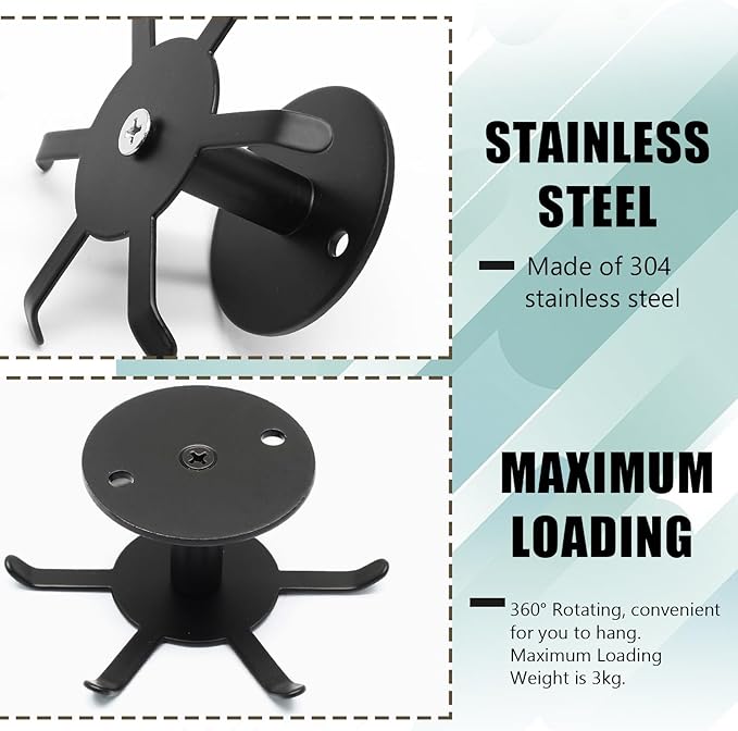 Zorfeter 2 PCS Under Cabinet Kitchen Utensil Hooks, Stainless Steel Utensil Racks 360°Rotating Drilling Free Adhesive Utensils Hanging Rack Holder, Black