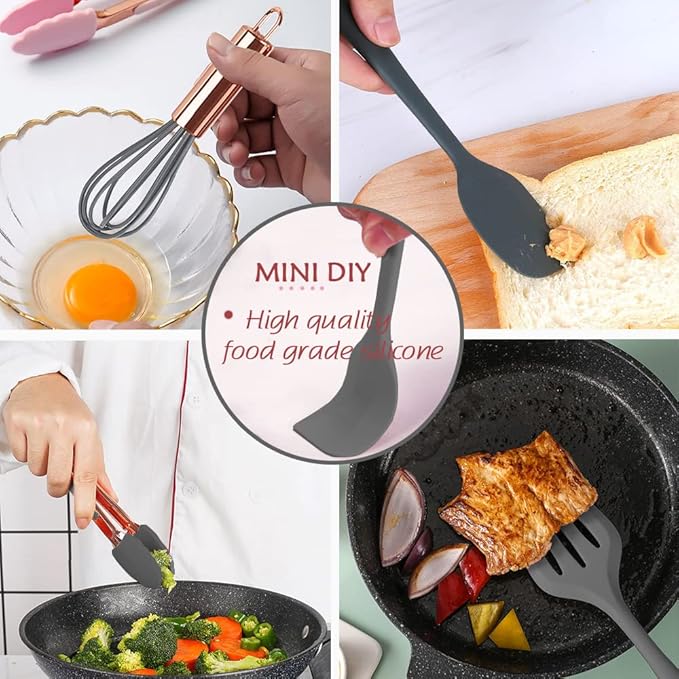 Collfa Rose Gold And Grey Mini Kitchen Utensil Small Five-Piece Set Tiny Silicone Kids Kitchen Tools Whisk Spatula Tongs Spoon And Slotted Spatula For Cooking(Kids Baking Supplies) Grey