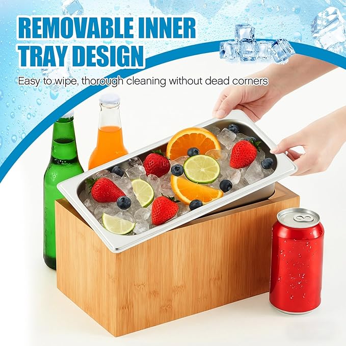 Ice Housing Bin with Removable Tray Ice Holder Container Wine Beer Champagne Drink Bucket Beverage Tub for Freezer Display Buffet Bar Counter Party Drink Chiller(Bamboo and Steel,13.4" X 7.3" X 6.7")