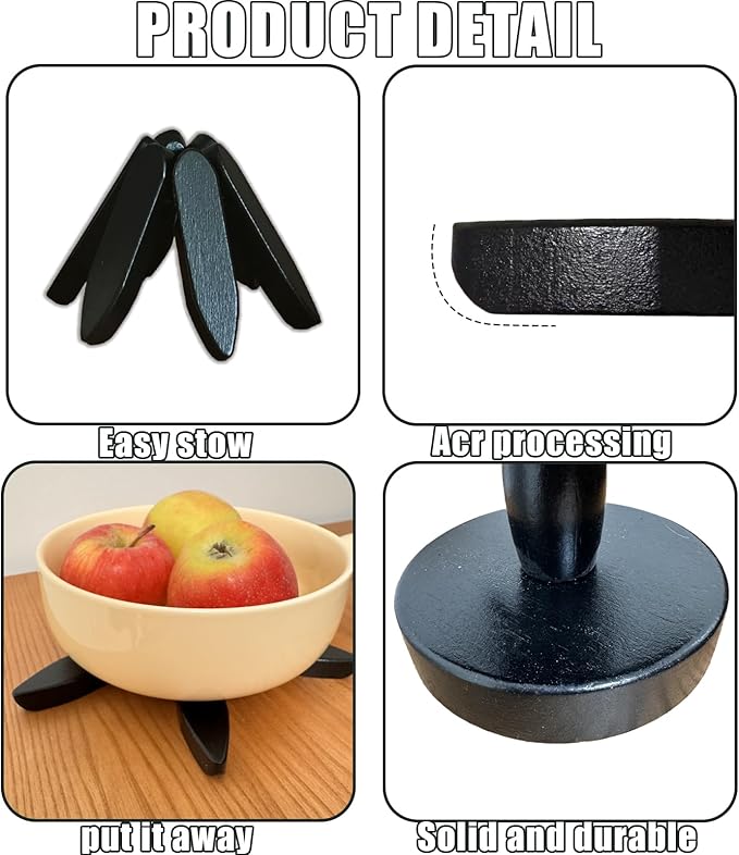 Natural Foldable Black Walnut Wooden Trivet Set - 4 Trivets + 1 Stand for Hot Dishes, Pot, Bowl, Teapot, Hot Pot Holders (Black)