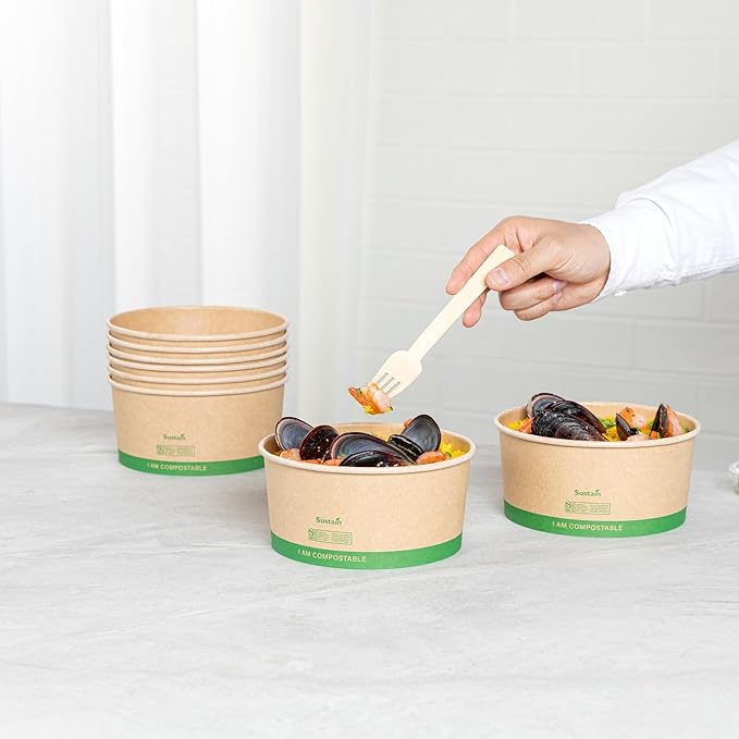 Restaurantware Paper Food Containers 200 Pack Of 44 oz Disposable Round Kraft Salad Bowls Sustainable Stackable Greaseproof Meal Prep Take Out Containers For Ice Creams, Soups, Snacks And Desserts