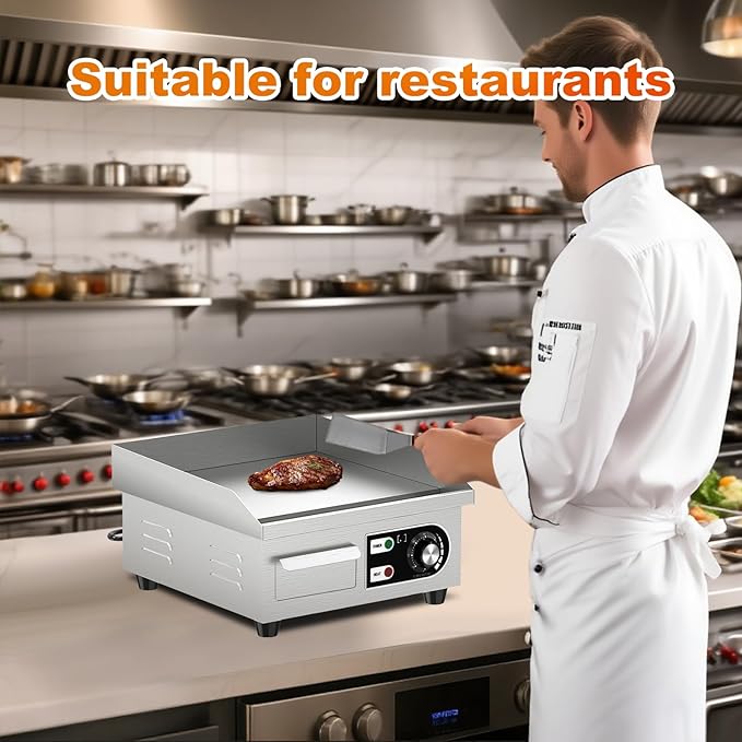 14’’ Commercial Electric Griddle - Electric Cast Iron Griddle w/Stainless Steel Material and Non-Stick, 110V Commercial Griddle w/ 1/2" Thick Iron Cooking Plate for Indoor and Restaurant