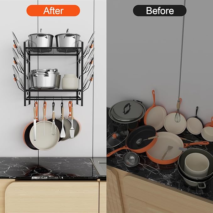 VyGrow 17 Inch Pot Rack Wall Mounted, 2 Tier Pots and Pans Organizer with 10 Hooks and 6 Pot Lid Holders, Heavy Duty Steel Pot and Pan Hanger for Kitchen Cookware Utensils Storage 24" Lx13 Wx20.5 H