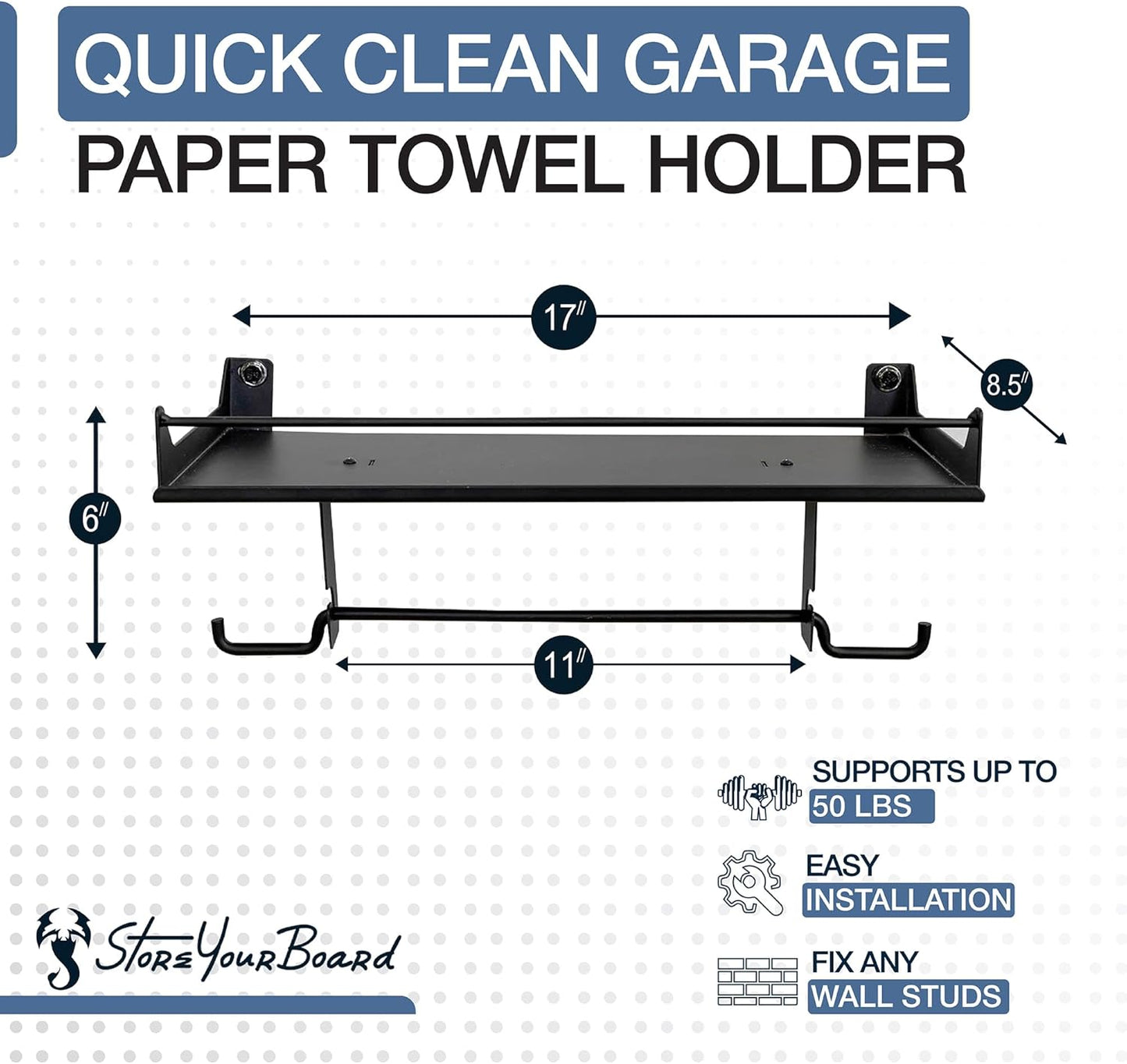 StoreYourBoard Paper Towel Holder Wall Mount with Garage Shelf – Heavy Duty Garage Wall Shelving and Utility Shelves for Workshop Organizers, Paper Towel Storage, & Shelf Use - Black
