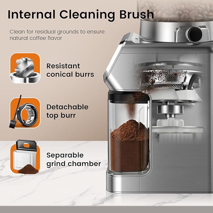 Burr Coffee Grinder Electric, 30 Grinding Settings Emojoy Coffee Bean Grinder, Burr Coffee Grinder for Home Use, Touchscreen and LED Control Panel, Stainless Steel, Conical Burr Grinder