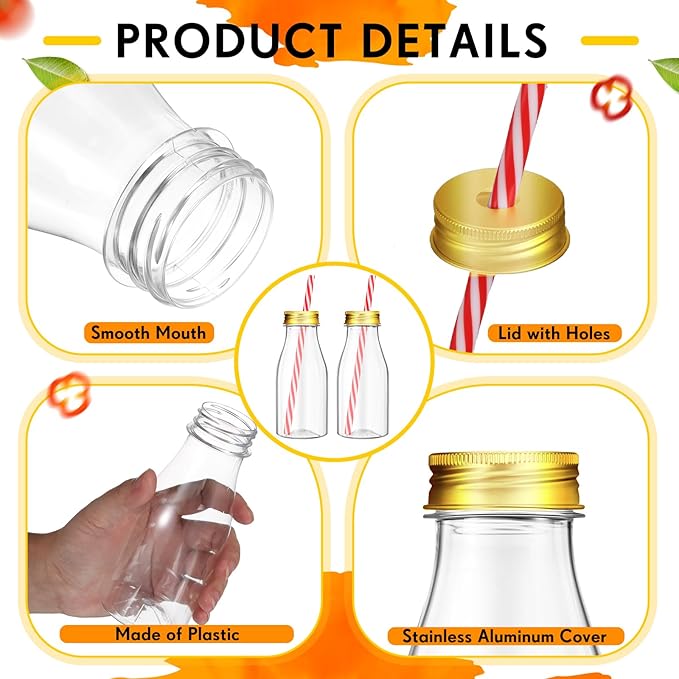 Irenare 40 Sets Plastic Small Milk Bottles with Straws and Metal Lids Clear Plastic Bottle for Dairy Milk Party Bottle for Milk Juices Shakes Smoothies, 40 Bottles and 40 Straws (Silver,8 oz)