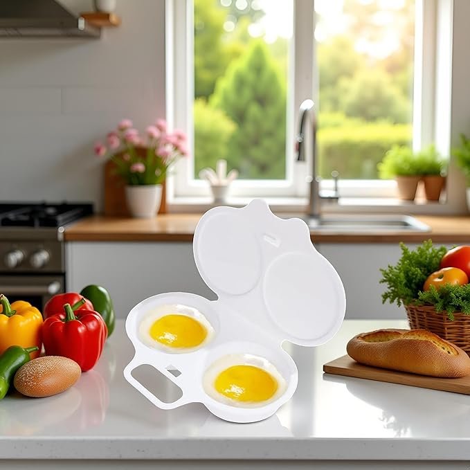 White Egg Poacher, Plastic Egg Boiler Poacher, 2 Cavity Nonstick Poached Egg Maker With Lid, Egg Poacher Microwave Egg Cooker, Drain Poached Egg Cups Cookware,Kitchen Dining Specialty Cookware