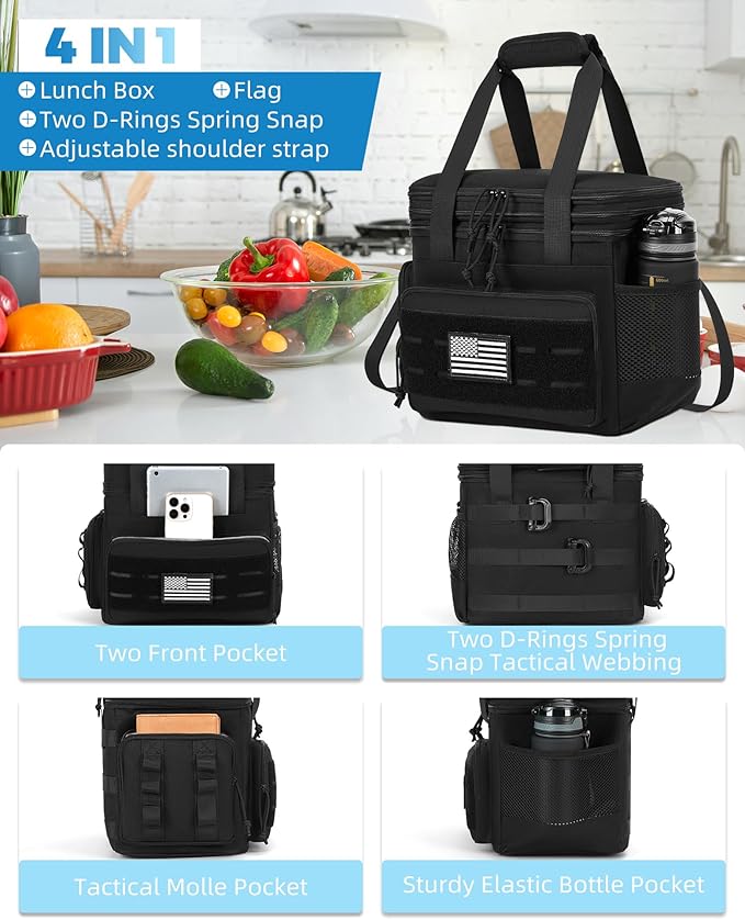 holuxer Tactical Lunch Bag & Lunch Box for Men - Large Double Deck Expandable Insulated Soft Adult Lunchbox for Work - Cooler Bag for Beach, Picnic, Camping,Outdoor，Travel (Black,16L)