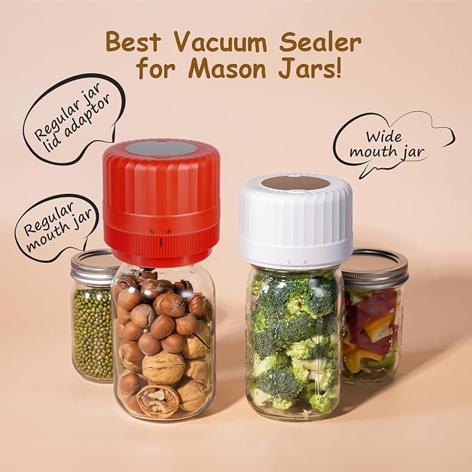 HTPOW Electric Mason Jar Vacuum Sealer - Fully Automatic Mason Jar Vacuum Sealer Kit for All Mason Jars with Regular Lids and Wide Mouth Lids, A Must-Have Tool for Canned Foods/Pantry - Red
