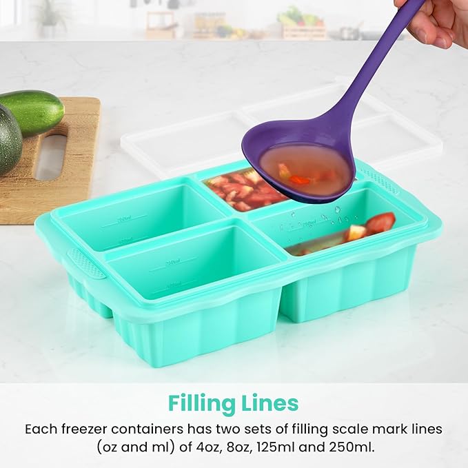 Silicone Freezer Tray With Lid, Silicone Freezing molds, Ice Cube Tray For Food, Release Soup Freezer Molds for freezing food, Soup, and Leftovers-Makes 4 Perfect 1 Cup- 3 Pack.