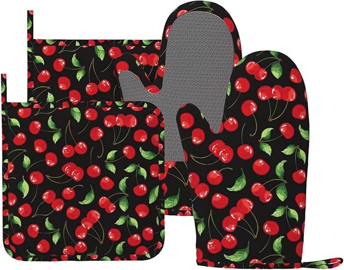 Watercolor Cherries Oven Mitts and Pot Holders Sets Silicone Cherry Fruit Pattern Kitchen Oven Mitts Hot Pads Heat Resistant Potholders Kitchen Mitts Set for Baking BBQ Cooking