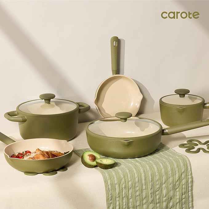 CAROTE 21pcs Cookware Set Nonstick Pots and Pans Set, Ceramic Cookware Set Induction Cookware, Non toxic Healthy Non Stick Kitchen Cooking Set, PFAS PTFE Free