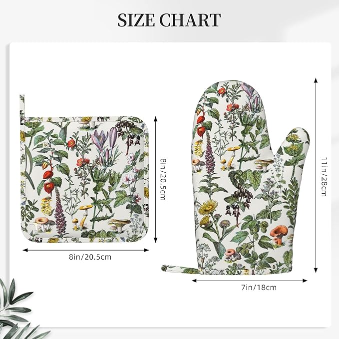 Vintage Botanical Oven Mitts and Pot Holders Set Silicone Heat Resistant Plants Herbs Mushroom Sage Green Leaf Ferns Kitchen Gloves Set Boho Retro Wildflower Kitchen Mittens Pot Holders