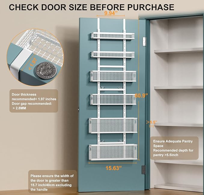 Bunoxea 6-Tier Over The Door Pantry Organizer,Hanging Spice Rack,Over Door Adjustable Basket with Handle,Pantry Organization And Storage, Laundry Room,Bathroom,Large Capacity,D5.3xW15.7xH60.9in