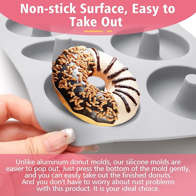 3 Pack Silicone Donut Pan, Non-stick Doughnut Molds for Baking, 6 Cavity Donut Maker Muffin Cupcake Bagel Making Tray (Gray, Pink, Blue)