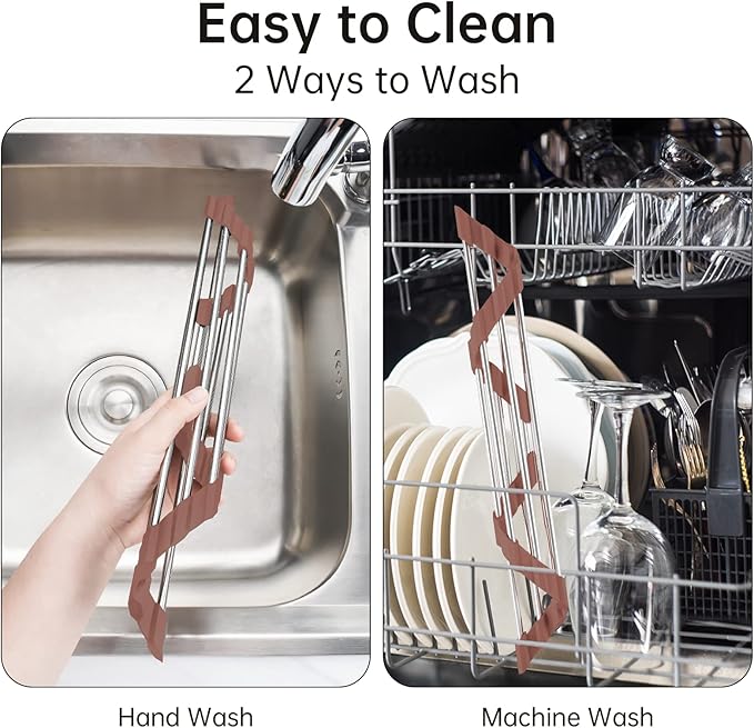 Tomorotec Triangle Roll-Up Dish Drying Rack for Sink Corner Small Foldable Stainless Steel Over The Sink Multipurpose Kitchen Drainer Caddy Trivet Rustproof Storage Shelf (Chocolate Brown)