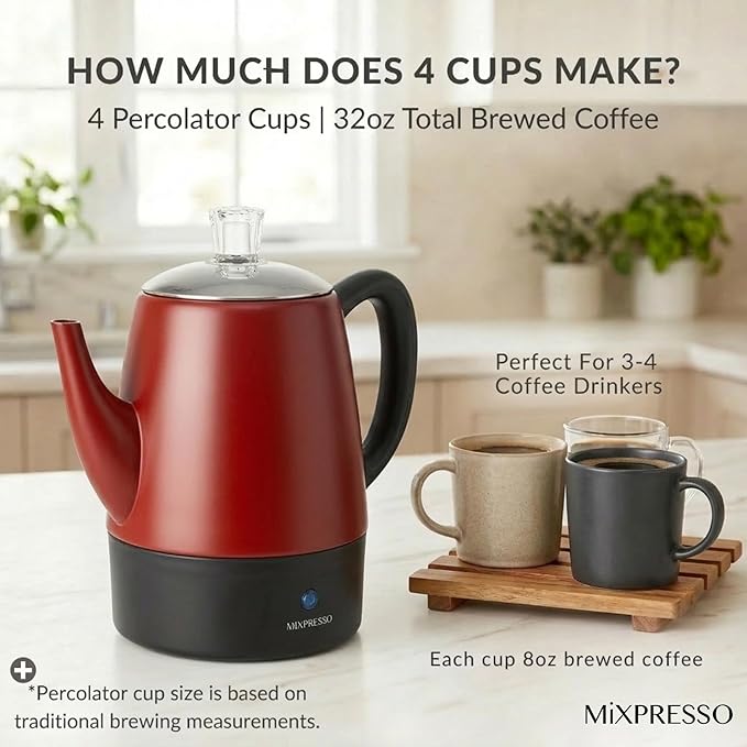 Mixpresso Red Small Electric Percolator Coffee Pot 4 Cup Stainless Steel - Coffee Percolator Electric with Keep Warm Function - Auto Shut-Off for Safe Daily Brewing