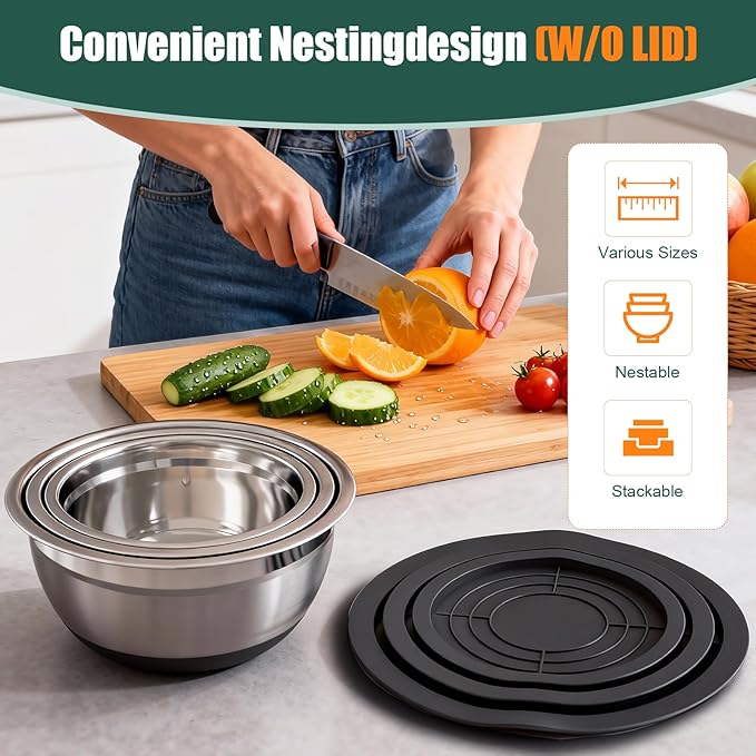 Stainless Steel Mixing Bowls Set with Lids & Silicone Base - 7-Piece Kitchen Gadgets Includes Colander, Grater, Egg Separator, Whisk - Nesting Bowls (1.5, 2, 2.5, 4.5 QT), Dishwasher Safe, Black