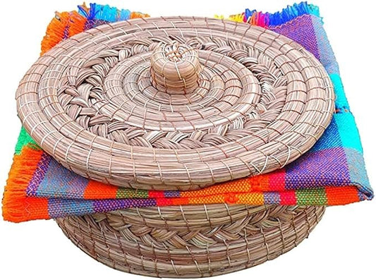 Authentic Mexican Tortilla Warmer Basket - Pine Needle Handwoven with Handloomed Cloth (Natural 10" w cloth)