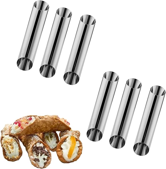 Alovexiong Non-stick Cannoli Tubes Molds 6pcs Cream Horn Molds Stainless Steel 4.92 inch Large Cannoli Molds Kit Baking Tubes Cones Pastry Roll Cream Roll Horn Croissant Mold Diagonal Shaped