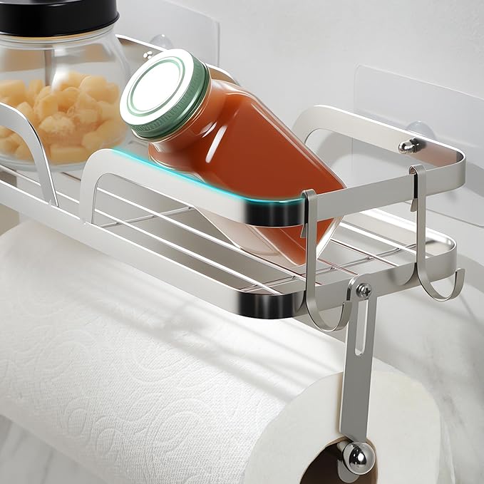 ZUNTO Wall Mount Paper Towel Holder with Shelf, Self Adhesive or Drilling, Stick on Wall Paper Towel Bar Spice Rack for Kitchen, Garage Organizer and Storage, Silver