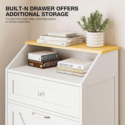 GAZHOME 13 Gallon Tilt Out Trash Cabinet, Upgrade Wooden Recycling Cabinet with Flip Door,White